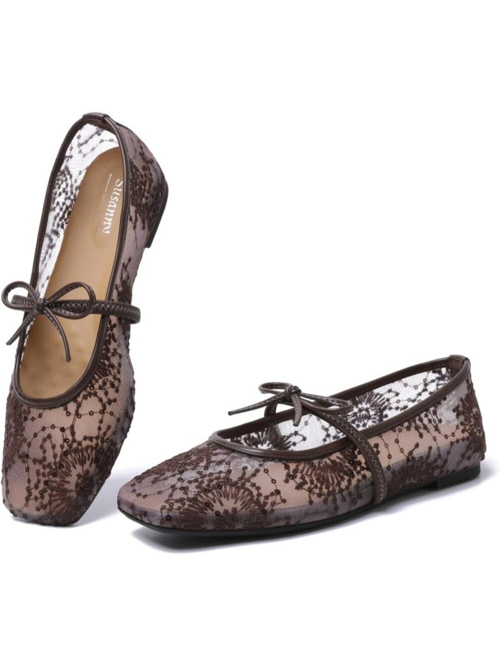 Women's Lace Brown Square Toe Strap Ballet Flats Lace up Bow Comfortable Shoes